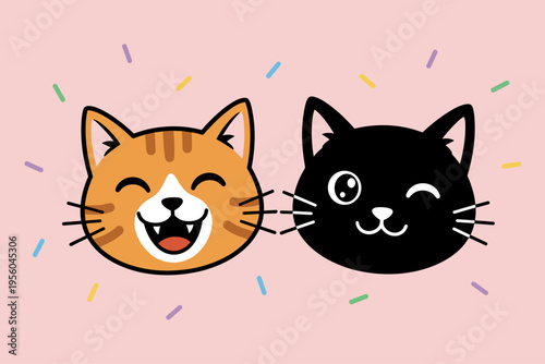 Cute Cartoon Cat Head Pair, Smiling Orange Tabby and Black Cat Mascots with Colorful Sprinkles Accents on Pink Background Vector Illustration