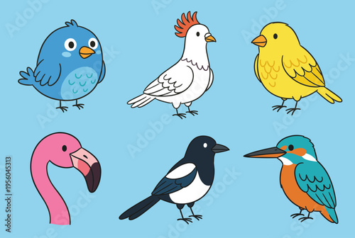 Cartoon Bird Species Collection Isolated on Blue Background, Flamingo, Magpie, Kingfisher and Cute Songbirds Vector Illustration for Ornithology, Nature and Kids Design