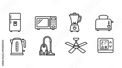 Home appliances icons set with fridge, microwave, blender, toaster, kettle, vacuum, fan, thermostat