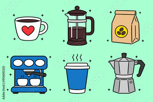Coffee Equipment and Drinkware Set Isolated on Green Background, Cartoon French Press, Espresso Machine, Moka Pot and Coffee Cups Vector Icons for Cafe, Barista and Morning Routine Design