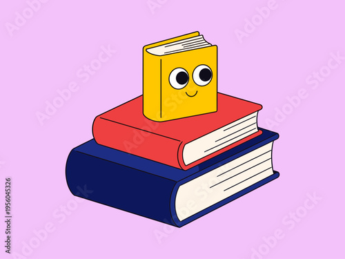 Cute Cartoon Stack of Books Character, Smiling Yellow Book Mascot on Top of Red and Blue Books Isolated on Light Purple Background Vector Illustration for Education Themes