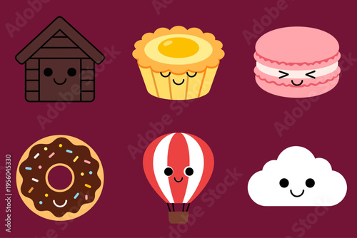 Cute Smiling Cartoon Icons Collection, Wooden House, Egg Tart, Macaron, Donut, Hot Air Balloon and Cloud Characters Isolated on Maroon Background, Vector Kawaii Illustration