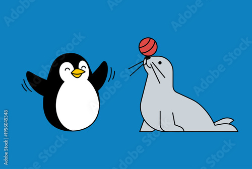 Cute Cartoon Penguin and Sea Lion Characters Playing Together, Happy Penguin Waving Wings and Seal Balancing Red Ball on Nose, Vector Illustration on Blue Background