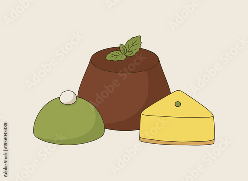 Three Assorted Desserts Illustration, Green Matcha Dome, Chocolate Pudding with Mint Leaf and Yellow Cheesecake Slice, Flat Design Vector Art on Beige Background