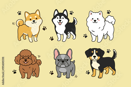 Set of Six Cute Cartoon Dog Breeds, Shiba Inu, Husky, Samoyed, Poodle, French Bulldog and Bernese Mountain Dog, Isolated on Light Yellow Background for Pet and Canine Design