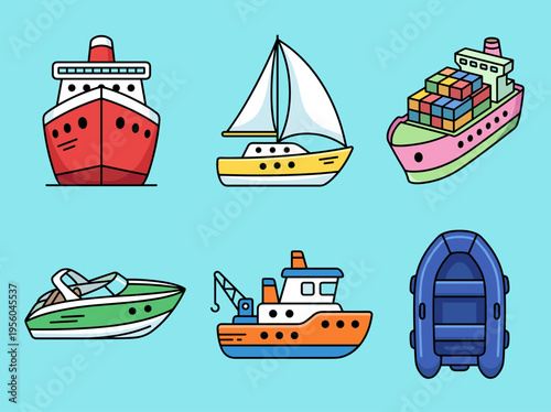 Set of Cute Cartoon Boats and Ships, Playful Vector Illustrations of Sailboat, Yacht and Cargo Vessel Isolated on Light Blue Background for Nautical Transport Design