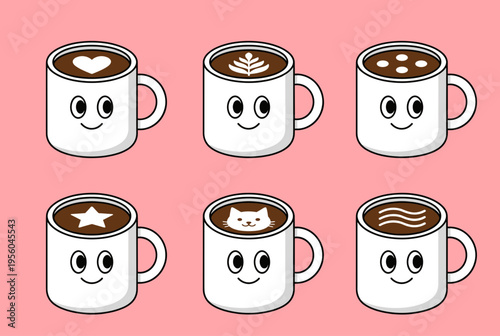 Set of Cute Cartoon Coffee Mugs with Latte Art, Playful Vector Illustrations of Smiling Cups Isolated on Pink Background for Cafe and Morning Lifestyle Design