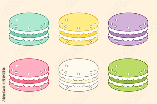Set of Pastel Colored Macarons, Minimalist Outline Vector Illustrations of French Macaroons Isolated on Beige Background for Bakery and Dessert Design