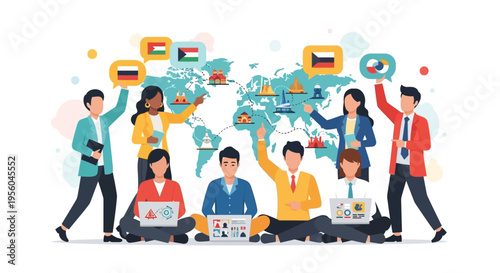 Diverse group of people working together on laptops with world map and flags