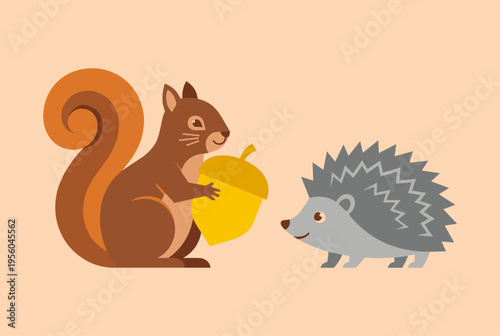 Cute Cartoon Squirrel and Hedgehog Characters, Brown Squirrel Holding Acorn and Gray Hedgehog Illustration Isolated on Beige Background for Kids Nature Education