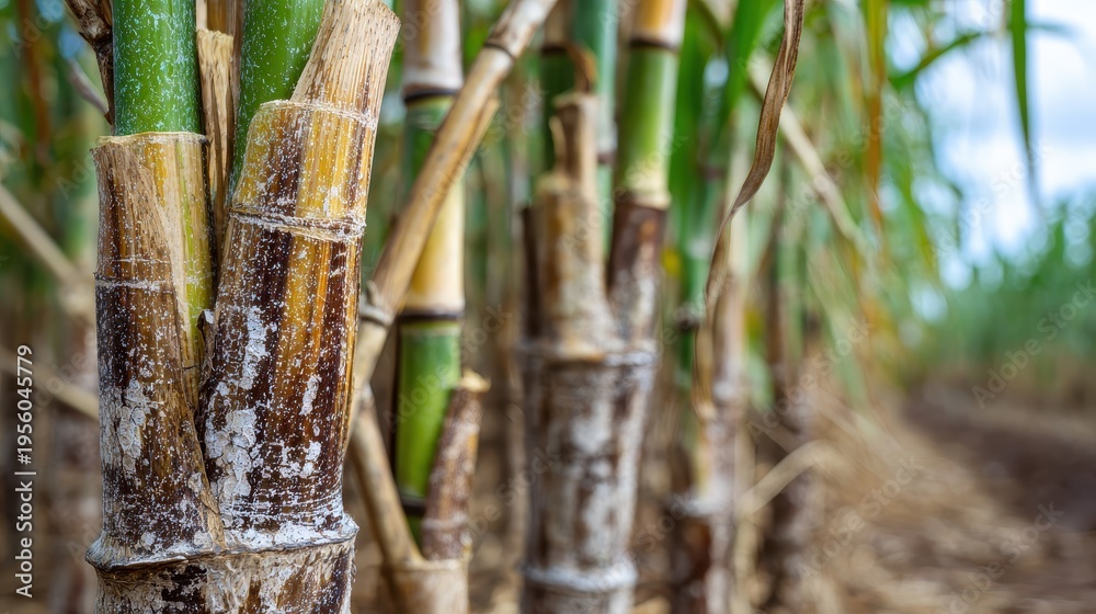 Fototapeta premium Close-up of sugarcane stalks growing in a plantation field