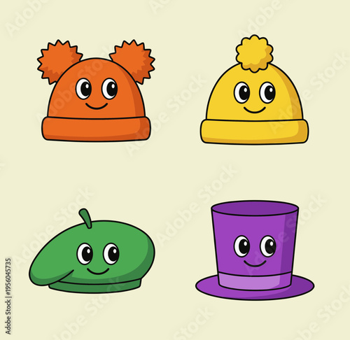 Cute Cartoon Hat Characters Set, Four Smiling Hats Including Pom-Pom Beanie, Beret and Top Hat Isolated on Beige Background Vector Illustration for Fashion Themes