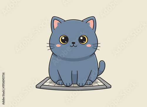 Cute Cartoon Blue Cat, Smiling British Shorthair Style Cat Sitting on Checkered Mat Isolated on Beige Background Vector Illustration for Pet Themes