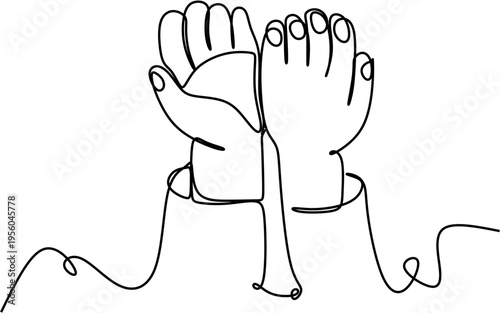 Continuous line drawing of two open hands, prayer and hope concept vector illustration