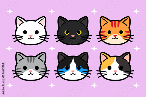 Foto Cute Cartoon Cat Head Set, Six Smiling Cat Characters in White, Black, Orange Ta