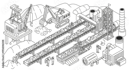 Detailed Line Art of a Coal Mining and Processing Plant.