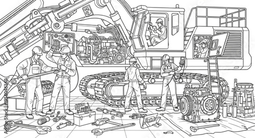 Detailed line art of a complex industrial machine with intricate components.