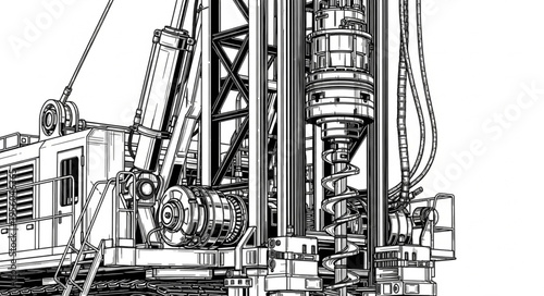 Detailed Line Art of a Large Industrial Drilling Rig.