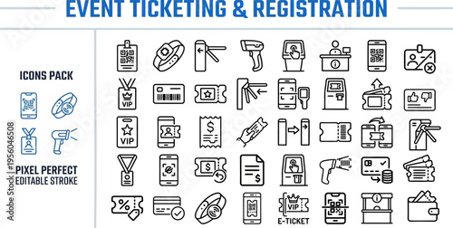 Event Ticketing & Registration Icon Set Pack — Tickets, Passes, Check-In, Pixel Perfect Editable Vector