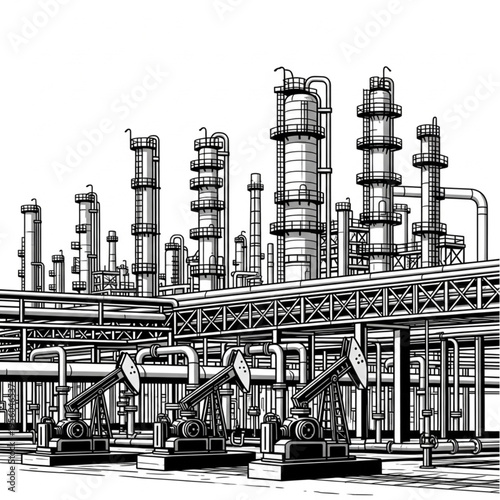 Detailed Oil Refinery Illustration - Industrial Landscape and Energy Production.