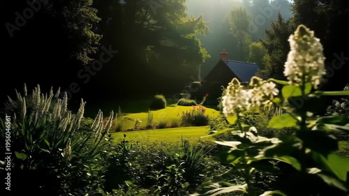Tranquil outdoor scene with a grassy field and lush vegetation