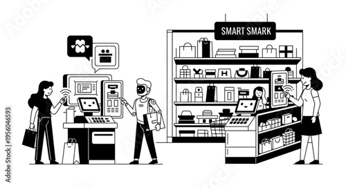 Customers shopping in a modern retail store with self-checkout.