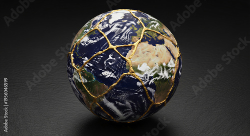 Planet earth globe repaired with golden kintsugi cracks on black