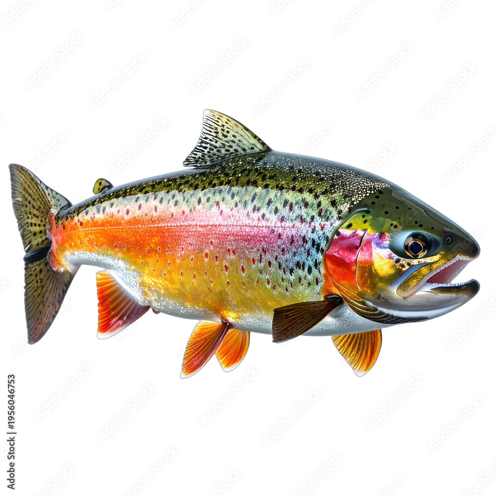 Fototapeta premium A stunningly vibrant rainbow trout, showcasing its iridescent scales and striking colors against a deep black background.