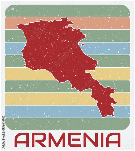 Armenia vintage logo. Shape of the country on retro colored stripes background. Armenia map design with grunge scratch texture. Vector illustration.