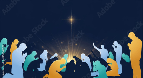 Vector silhouette of people looking at a star, night scene