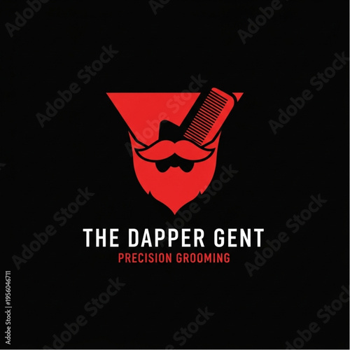 Dapper Gent Logo - Stylish Beard, Mustache, and Comb in Red Design.