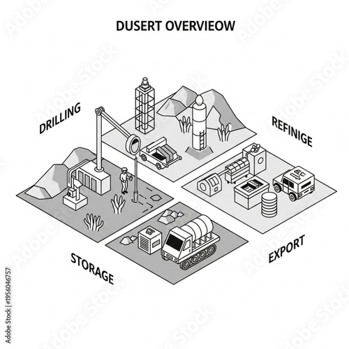 Desert Oil Industry Overview - Drilling, Refining, Storage, and Export Operations.