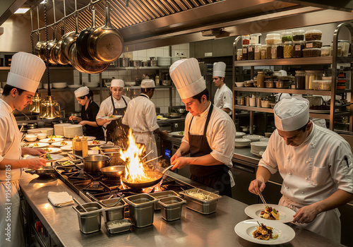 Group of chefs preparing food in busy commercial kitchen