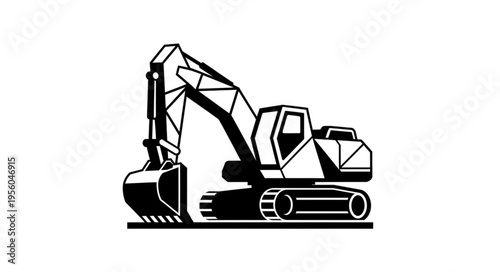 Detailed Black and White Excavator Illustration with Geometric Design.