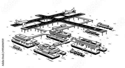 Detailed Black and White Illustration of a Futuristic Floating City.