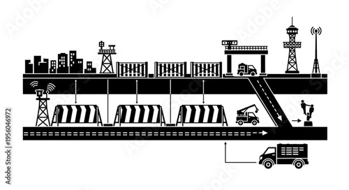 Detailed Black and White Illustration of a Modern Logistics Hub.
