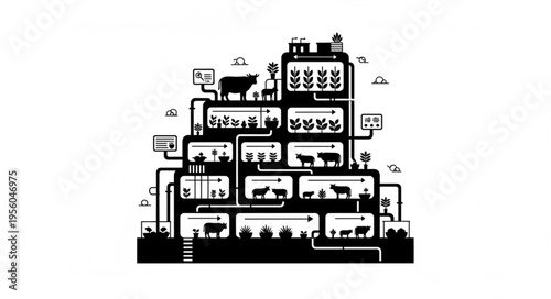 Detailed Black and White Illustration of a Multi-Level Vertical Farm.