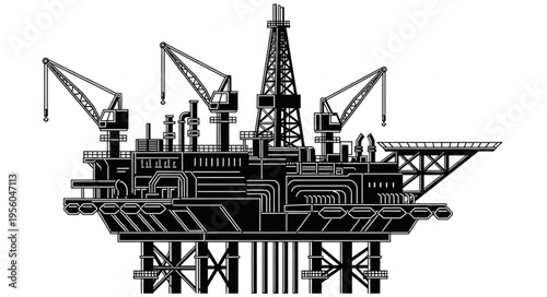 Detailed Black and White Illustration of an Offshore Oil Rig.