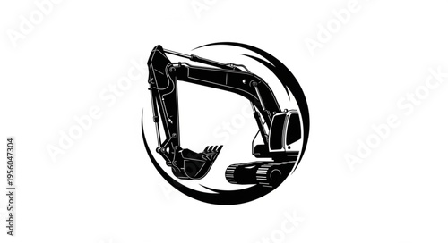Detailed Excavator Illustration in Circular Frame for Construction Themes.