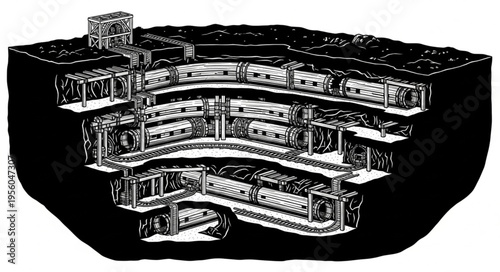 Detailed Cutaway Illustration of a Multi-Level Underground Structure.