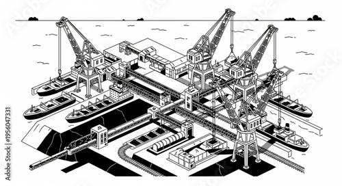 Detailed Illustration of a Busy Industrial Port with Cranes and Ships.