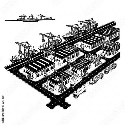 Detailed Illustration of a Bustling Port City with Cranes and Ships.