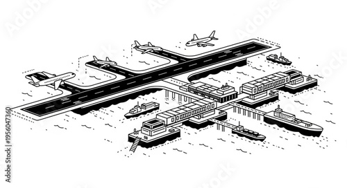 Detailed Illustration of a Busy Port with Ships and Infrastructure.
