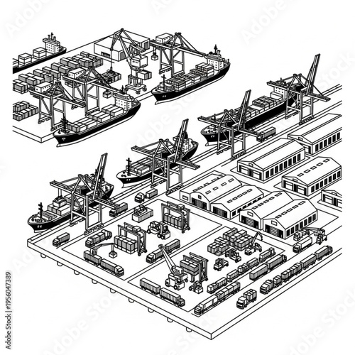 Detailed Illustration of a Busy Shipyard with Ships and Cranes.