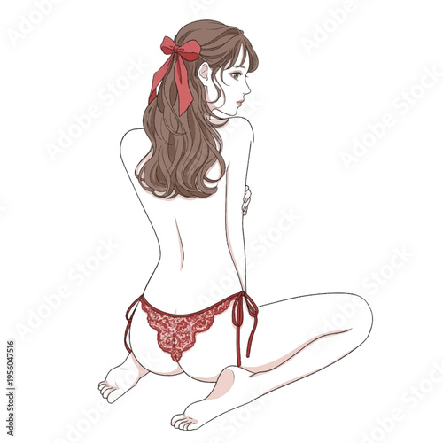 赤いレースのランジェリーを着た女性の後ろ姿イラスト