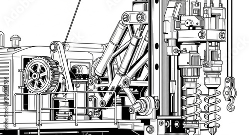 Detailed Illustration of a Complex Industrial Drilling Machine.