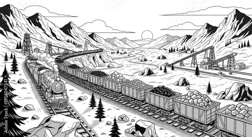 Detailed Illustration of a Coal Train in a Mountainous Landscape.