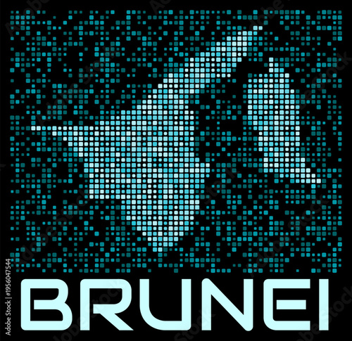 Brunei digital dotted map. Shape of the country in cyan color palette on dark background. Futuristic Brunei map design. Vector illustration.