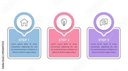 Infographic template with three sequential steps with color frames and icons