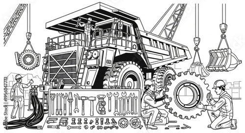 Detailed Illustration of a Large Mining Truck Being Serviced.